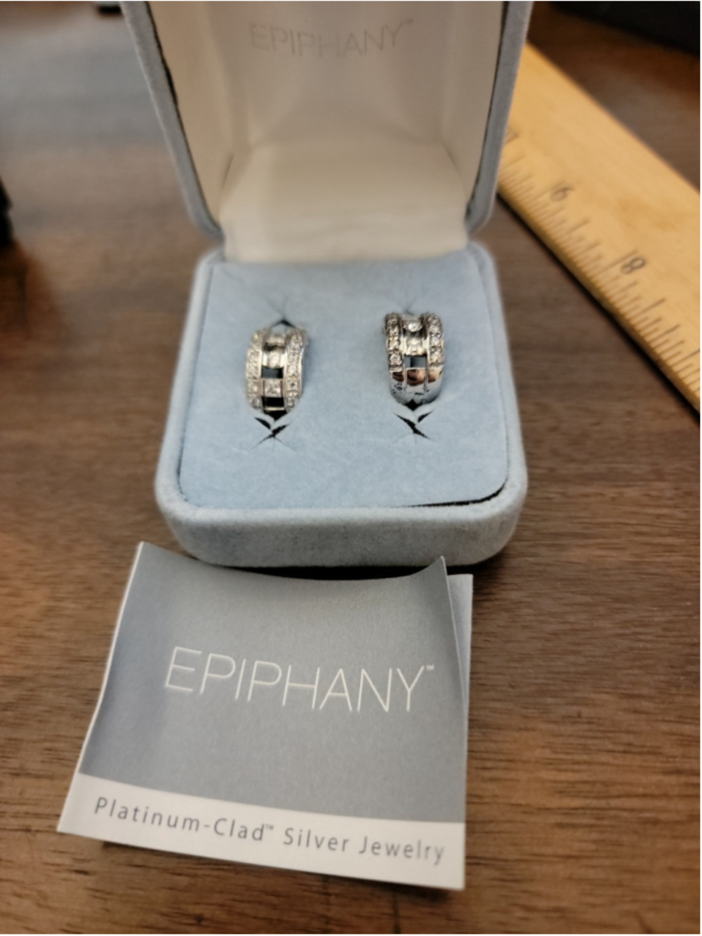 Epiphany 925 Silver Hoop Earrings Round White Diamond Hinged Closure New in Box